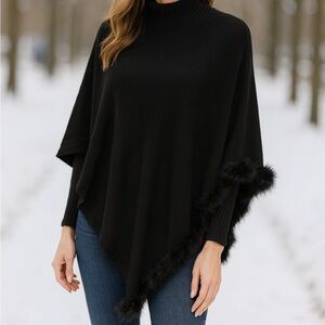 Chico’s Black Knit Faux Fur Trim Poncho – Size S/M (NWT)
